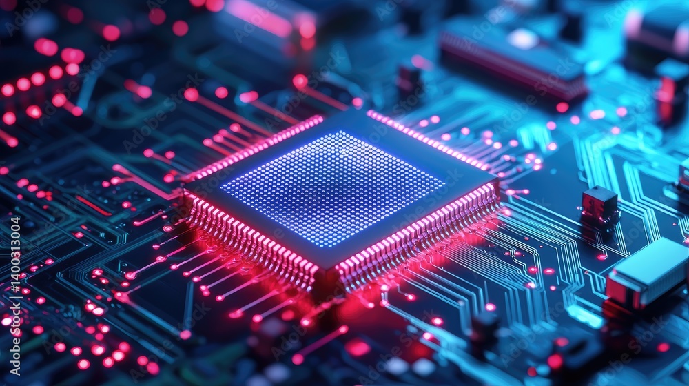 Aufkleber chip nanotechnology energy concept. close-up of a microchip on a circuit board with glowing lights a