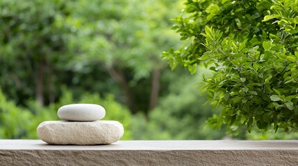 Stacked stones in a peaceful garden setting