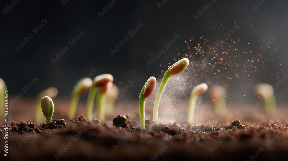 Poster close up of small sprouts emerging from the soil with particles floating around them on dark backgro