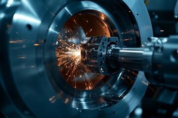 Fototapeta premium Stainless steel GTAW TIG welding joint with sparks. Automated metalworking process. Modern industrial tech for construction, manufacturing, repair of steel metal structures.