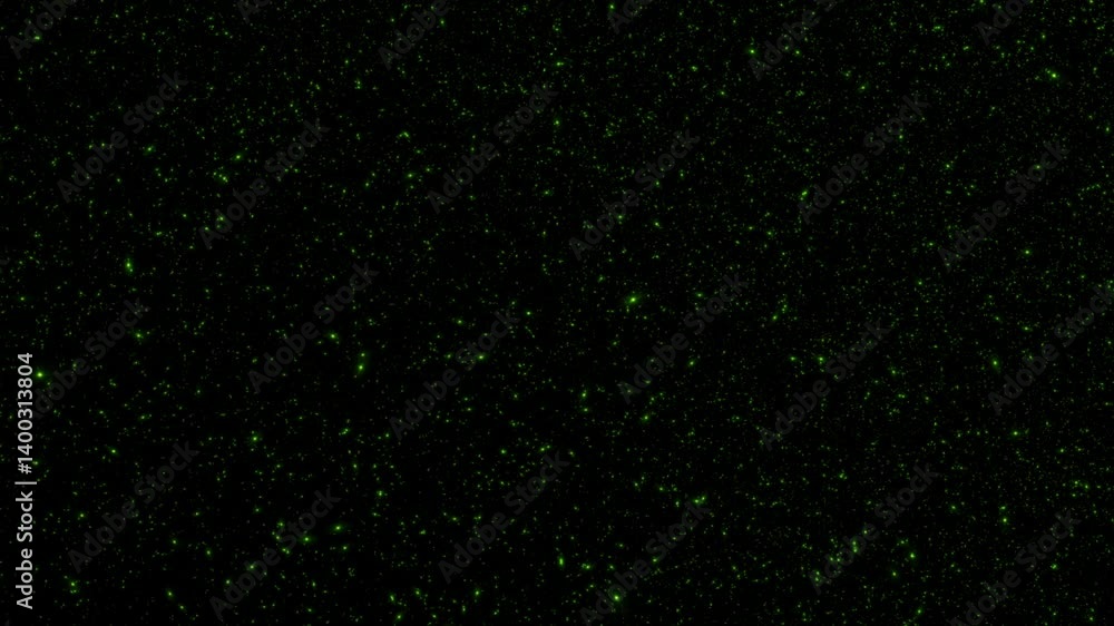 Poster animation loop falling glow green particles on black abstract background.