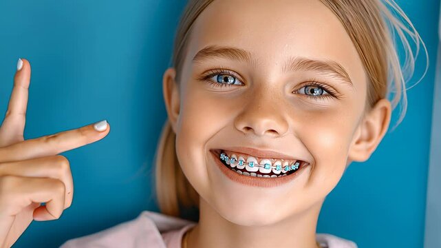 Close-up view of a young smiling girl pointing at her colorful braces, showcasing dental care and orthodontics. Modern orthodontic treatment and confidence in a dental clinic setting, oral health