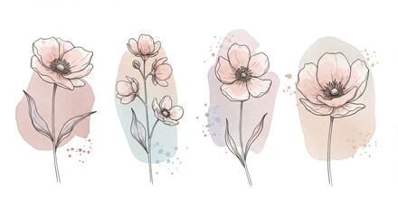 Soft Floral Illustrations in Pastel Colors for Decoration  