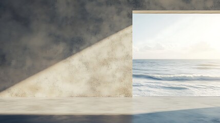 A serene coastal view through a textured concrete wall.