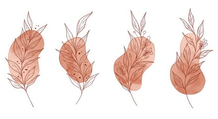 Abstract botanical illustrations with coral leaves and outlines  
