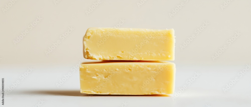 Poster two blocks of cheddar cheese stacked on a white surface with a soft focus and creamy texture for cul