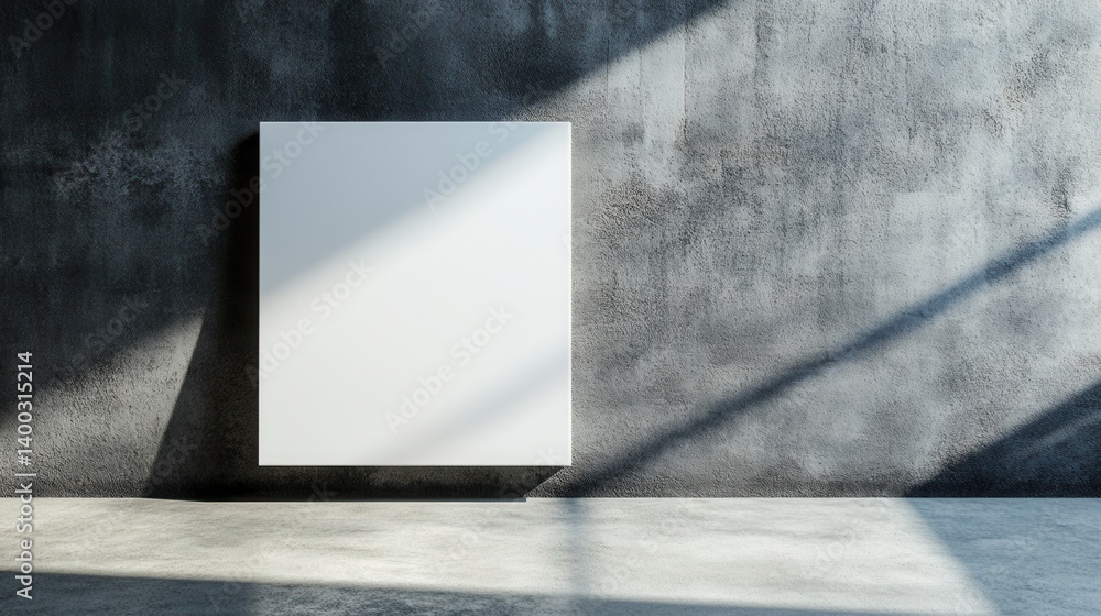 Aufkleber minimalist white canvas on a textured gray wall illuminated by sunlight casting dynamic shadows crea
