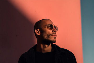 Obraz premium Stylish Young Man in Sunglasses Leaning Against Pink Wall – Urban Fashion and Modern Street Aesthetic