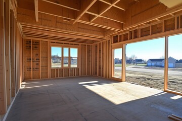 Obraz premium Wooden house frame under construction with view of sky. Interior construction of new home shows details of wood work. Concept of building process, real estate, architecture, housing development