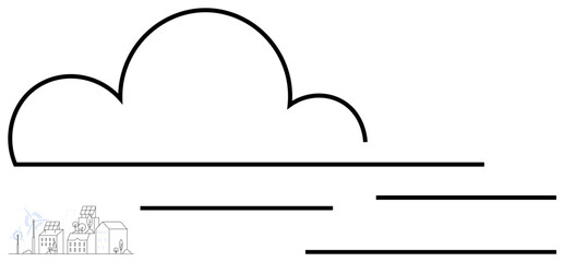 Cloud symbol above a small town with solar panels, wind turbines, and minimalist lines suggesting digital data, innovation, sustainability, renewable energy, and technological advancement. Ideal