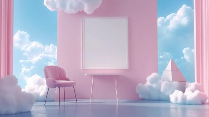 Dreamy pink children’s room interior with soft furniture, cloud decor, and large blank white frame on the wall. Mock up for artwork, design or advertising. Copy space.