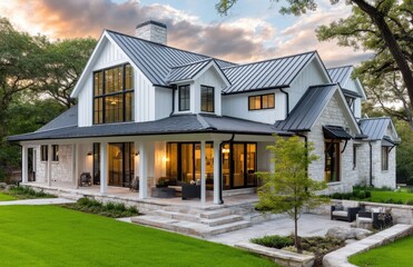 Obraz premium A white, modern farmhouse-style home in Texas, overlooking the hillside of beautiful green grass and blue sky with clouds