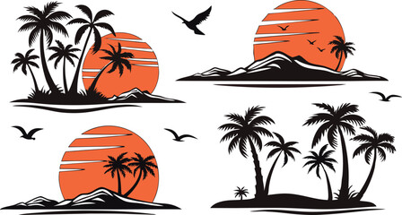 Tropical Sunset Palm Tree Silhouettes Vector Set