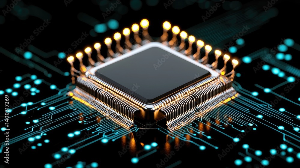 Poster chip nanotechnology integration concept. microchip with glowing connections on a dark background sho