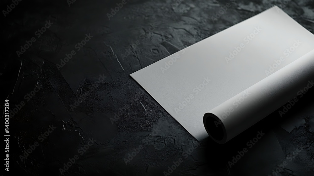 Poster a rolled white paper lying on a dark textured surface, showcasing smooth curves and subtle shadows a