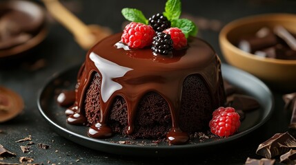 Chocolate lava cake with molten chocolate center, soft chocolate crust surrounding it 