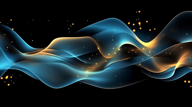 Abstract digital blue waves glowing with golden highlights floating in darkness