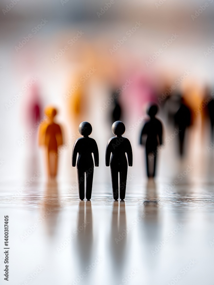 Poster blurred crowd of anonymous people walking through bright abstract space symbolizing digital identity