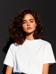 Fototapeta premium Portrait of Young Woman with Curly Hair Wearing White T-Shirt