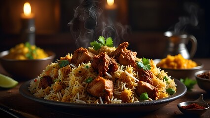   A vibrant and appetizing illustration of a steaming hot plate of biryani, with a mix of aromatic spices, fluffy basmati rice, and tender pieces of marinated chicken or lamb, garnished with fresh cil