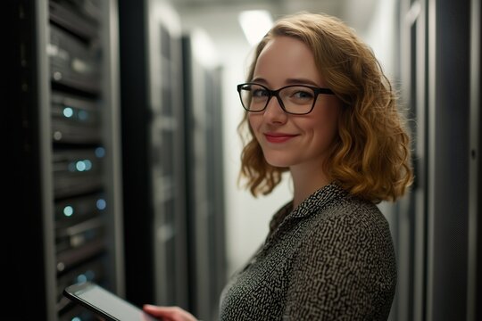Young female engineer works on digital tablet in server room. Smiling specialist in eyeglasses stands among server racks. Data center technician at workplace in modern technology infrastructure. High