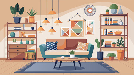 Scandinavian-inspired living room with soft textures, geometric shelving and a cozy minimalist layout. 