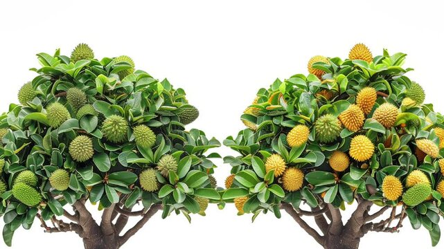 Green Ackee and Durian trees isolated on white background. 4K Footage of Green Ackee and Durian trees isolated on white background for banner, web design