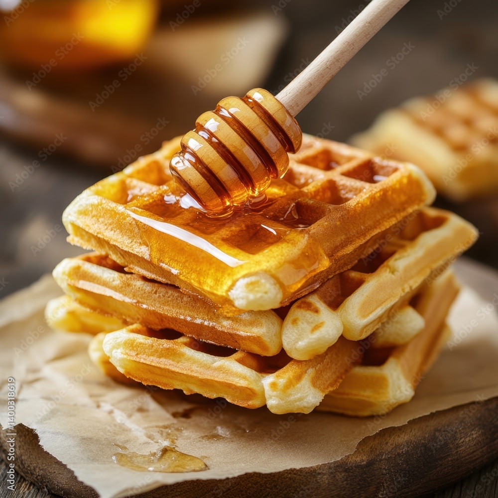Poster golden honey dripping over a stack of fresh waffles on a wooden board creating a sweet and delicious