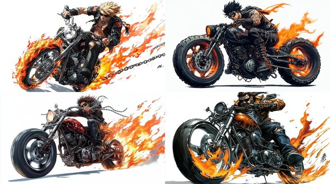 Four bikers riding flaming motorcycles.