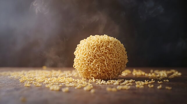 Steaming ball of instant noodles on a wooden surface.