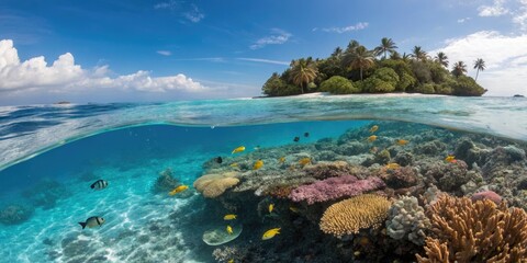 Vibrant coral reef and tropical island under clear blue skies in a serene ocean landscape