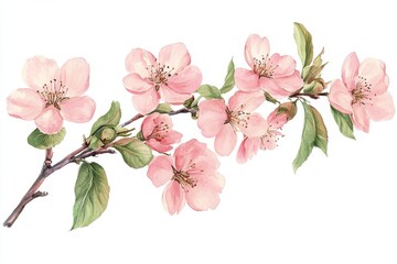 Delicate spring blossoms on a branch.  Soft pink flowers and green leaves against a white background