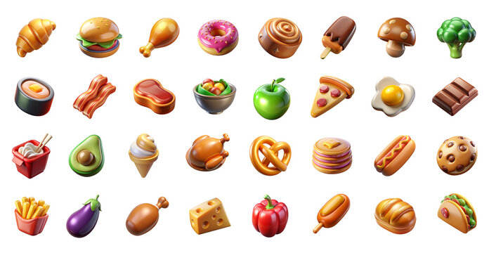 3d food icon set, including fast food, fruit and vegetables
