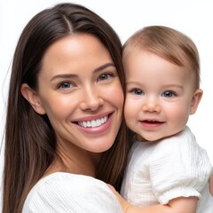 A woman holding her baby in white , smiling and looking at the camera on an isolated background