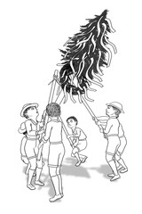 illustration of a maypole being set up by strong men