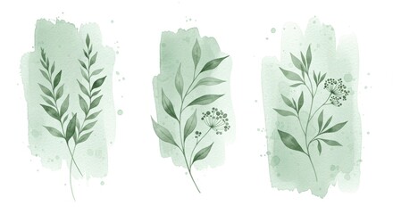 Botanical illustrations of leaves in soft green hues  
