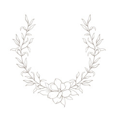 Hand drawn line floral frame, corner. Minimal botanical wedding border element. Set of wreath, magnolia flowers, eucalyptus leaf branches, tropical leaves, plant, wildflower. Elegant floral logo.