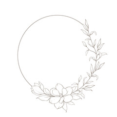 Hand drawn line floral frame, corner. Minimal botanical wedding border element. Set of wreath, magnolia flowers, eucalyptus leaf branches, tropical leaves, plant, wildflower. Elegant floral logo.