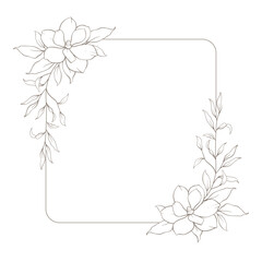 Hand drawn line floral frame, corner. Minimal botanical wedding border element. Set of wreath, magnolia flowers, eucalyptus leaf branches, tropical leaves, plant, wildflower. Elegant floral logo.