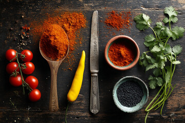 Overhead shot of spices, herbs, and cherry tomatoes arranged on dark wood background.  Showcase of culinary ingredients, symbolizing freshness and flavor for recipe or food blog