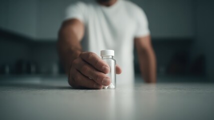 An Arabic man in a white t-shirt reaches out with one hand toward a small glass bottle resting on a countertop. The soft lighting suggests a late afternoon setting