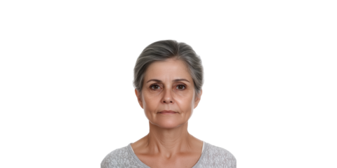 Elderly Woman With Gray Hair In Neutral Expression. Portrait Of Aging And Wisdom Isolated On Transparent Background