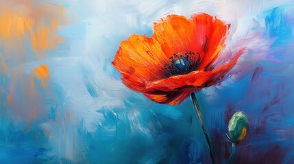 Vibrant red poppy blossom oil painting on canvas with blue background artistic floral artwork