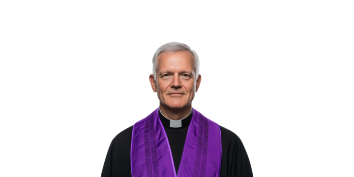 Elderly Clergyman In Purple Stole. Religious Leadership And Spiritual Guidance Isolated On Transparent Background