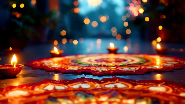 Vibrant Diwali Rangoli with Lit Diyas Festive Indian Design