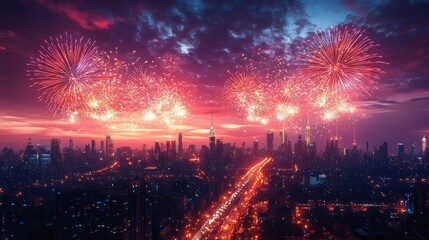 Spectacular fireworks illuminate the skyline of a bustling city during a vibrant celebration