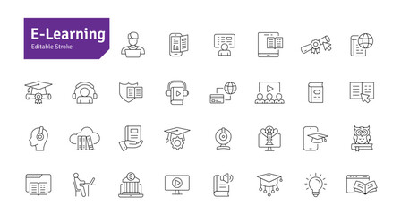 E-learning Line Icons Set. Education, Teaching, Online Study, Audiobook, Podcast, Video Course, Seminar, Library, Graduation Icons Editable Stroke Vector Illustration