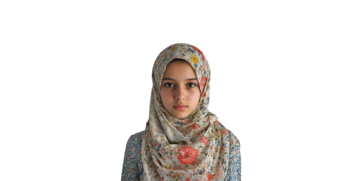 Young Girl In Floral Hijab. Cultural Expression And Fashion Isolated On Transparent Background