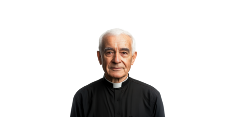 Elderly Priest In Clerical Attire. Religious Leadership And Spiritual Guidance Isolated On Transparent Background