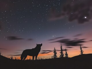 Majestic Wolf Silhouette Under a Starry Night Sky: Exploring Nature's Tranquility